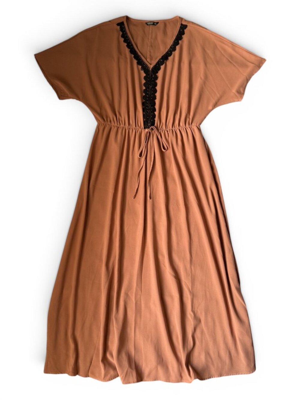 SHEIN Curve 0XL Camel Brown V-Neck Black Lace Trim Boho Midi Dress Plus Size - Picture 9 of 10
